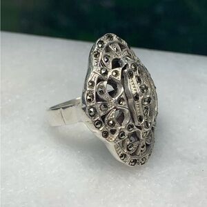 Vintage Sterling Silver Marcasite Filigree Ring Size 5 – 13g Statement Dome
